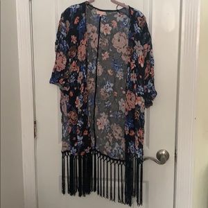 Black Floral Springtime Kimono with Fringe
